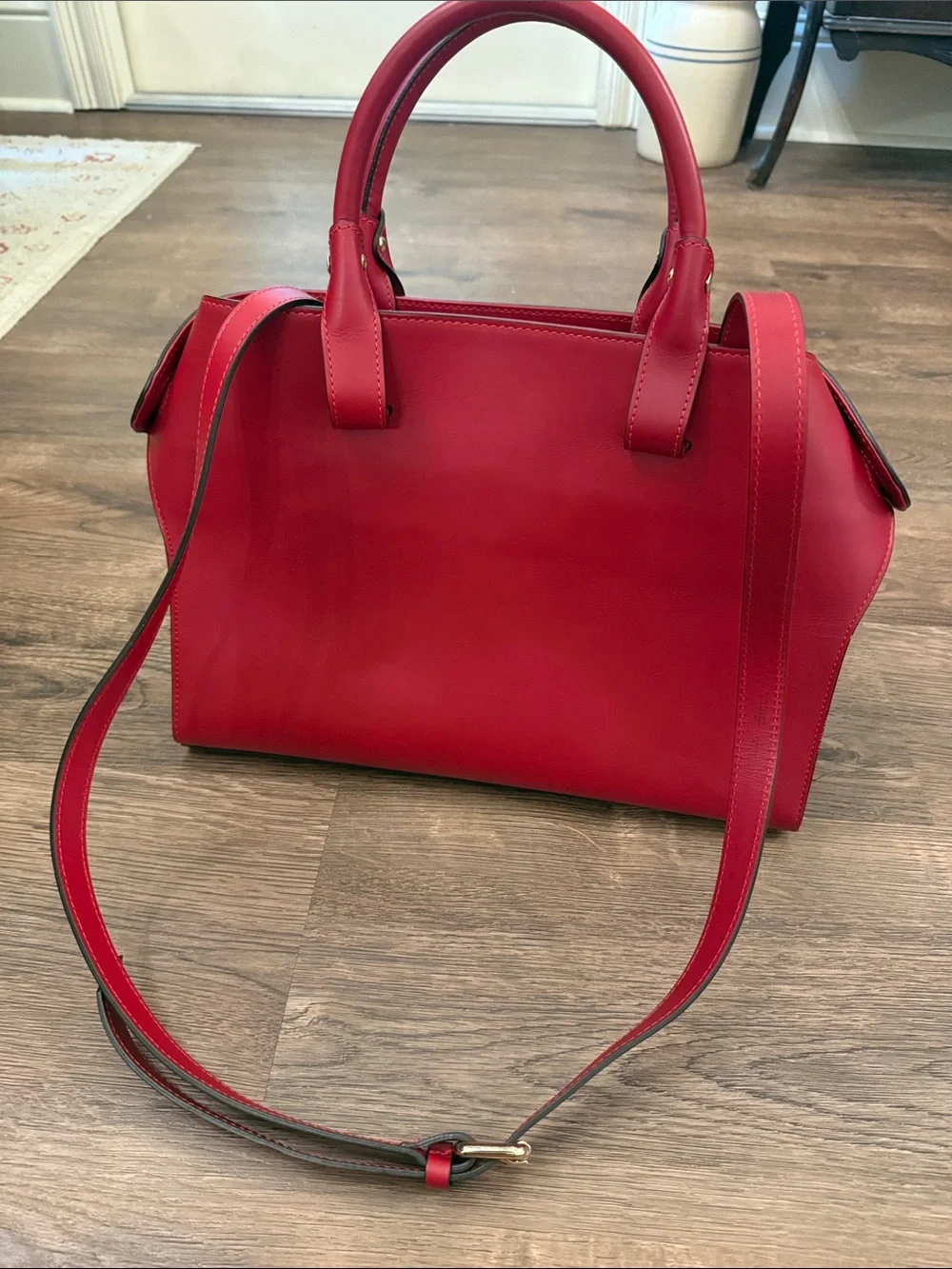 Vittoria Napoli Red Leather Tote Handbag Classic Structured Carryall with strap